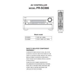 Onkyo pr sc886 service manual cover with an image of the device and its remote control, model type and code, manual issue date and service safety precaution notice