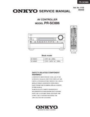Onkyo pr sc886 service manual cover with an image of the device and its remote control, model type and code, manual issue date and service safety precaution notice