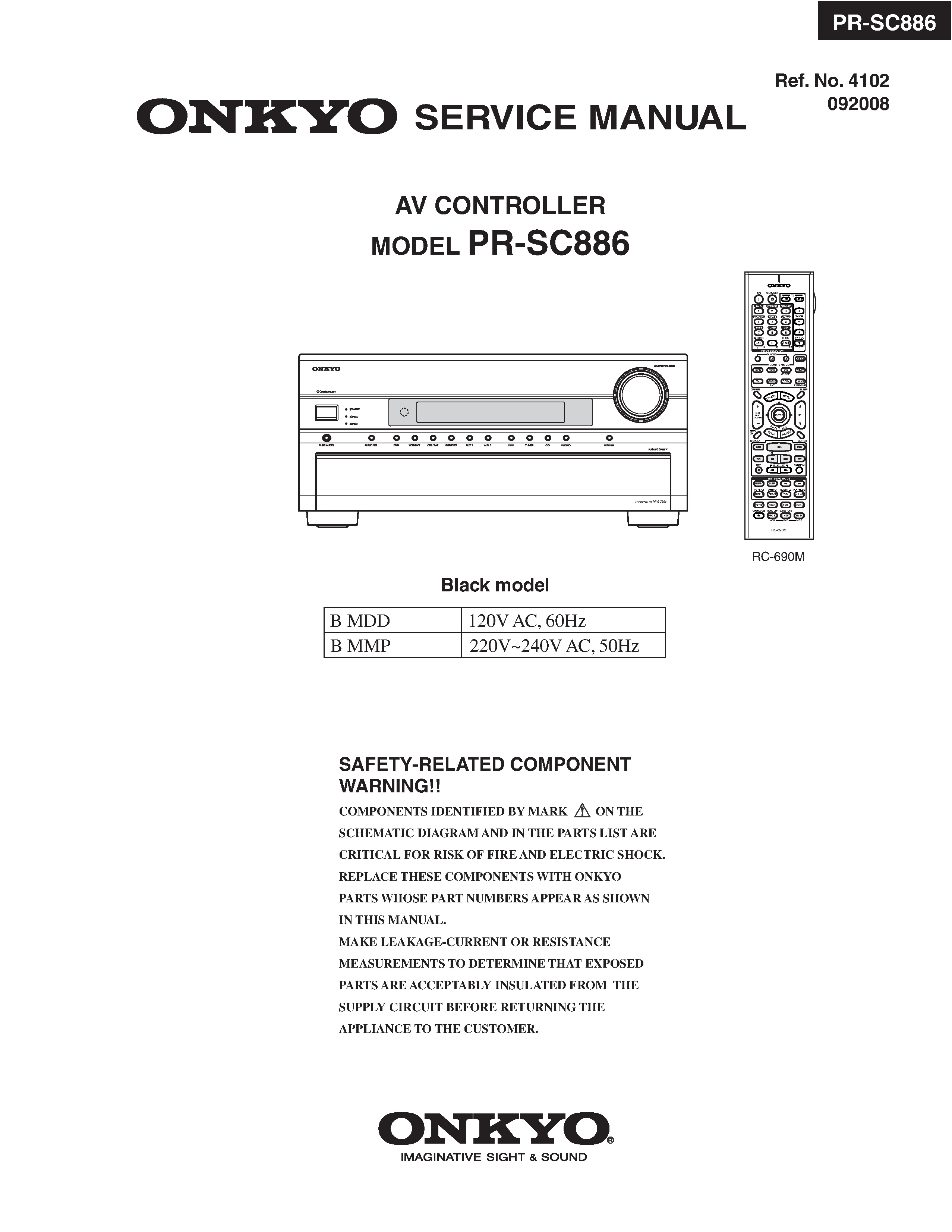 Onkyo pr sc886 service manual cover with an image of the device and its remote control, model type and code, manual issue date and service safety precaution notice