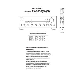 Onkyo tx 8050 service manual cover with an image of the device and its remote control, model type and code, manual issue date and service safety precaution notice
