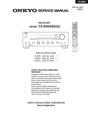 Onkyo tx 8050 service manual cover with an image of the device and its remote control, model type and code, manual issue date and service safety precaution notice