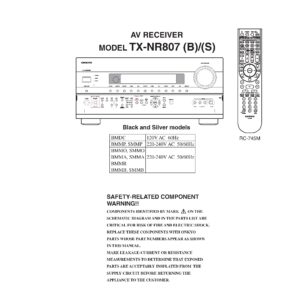Onkyo tx nr 807 service manual cover with an image of the device and its remote control, model type and code, manual issue date and service safety precaution notice