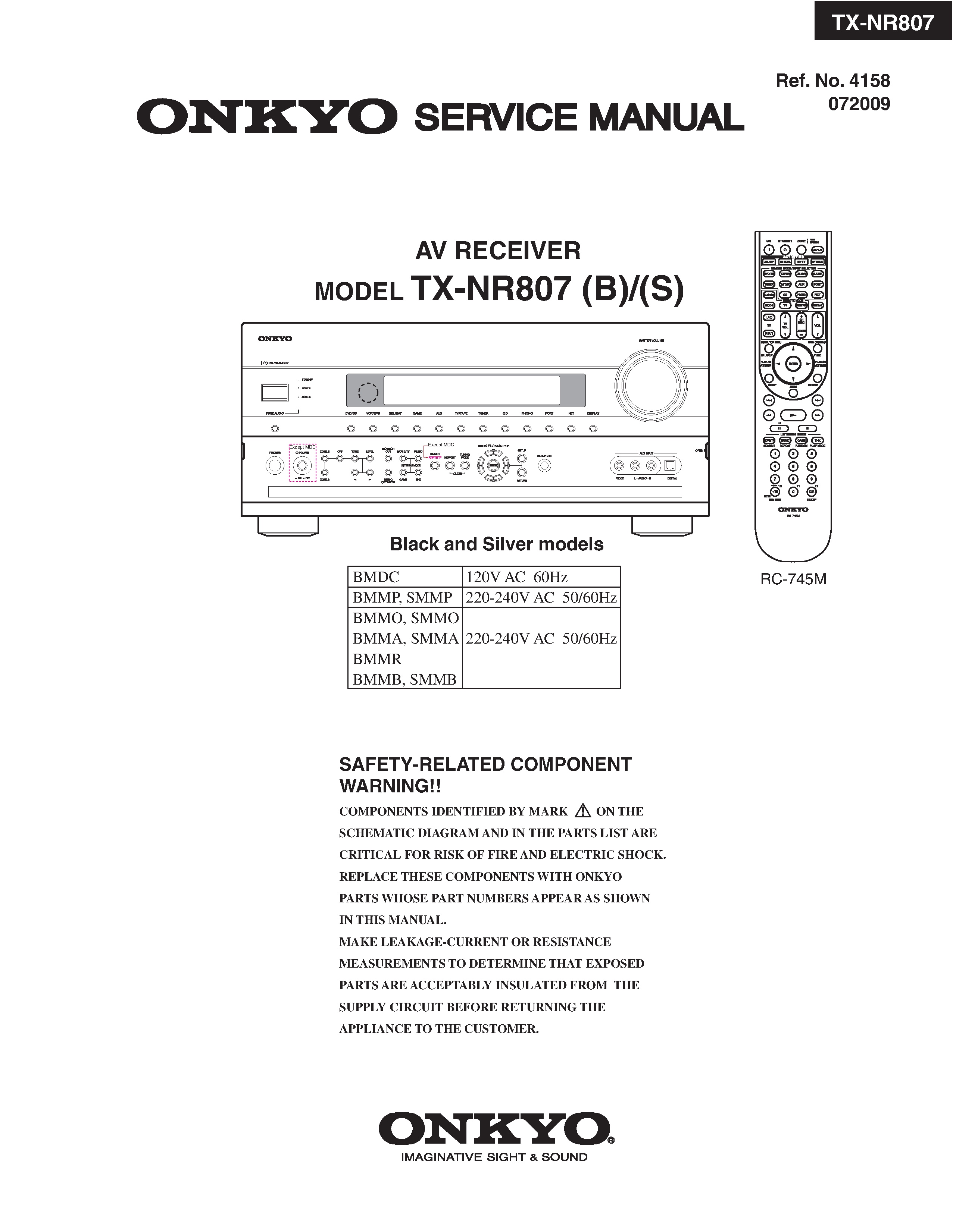 Onkyo tx nr 807 service manual cover with an image of the device and its remote control, model type and code, manual issue date and service safety precaution notice