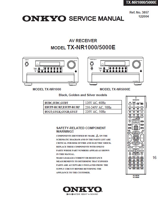 Onkyo tx nr1000 service manual cover with an image of the device and its remote control, model type and code, manual issue date and service safety precaution notice