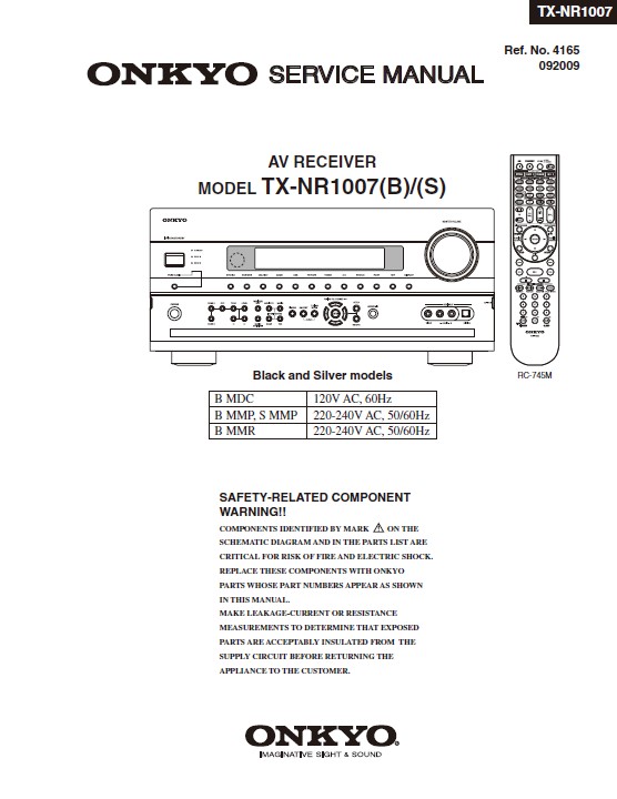 Onkyo tx nr1007 service manual cover with an image of the device and its remote control, model type and code, manual issue date and service safety precaution notice
