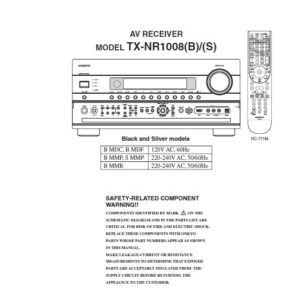 Onkyo tx nr1008 service manual cover with an image of the device and its remote control, model type and code, manual issue date and service safety precaution notice