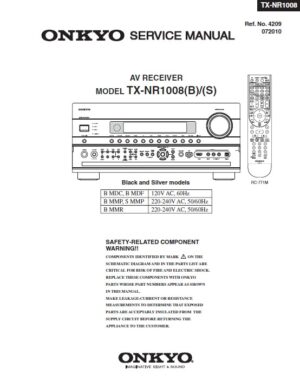 Onkyo tx nr1008 service manual cover with an image of the device and its remote control, model type and code, manual issue date and service safety precaution notice
