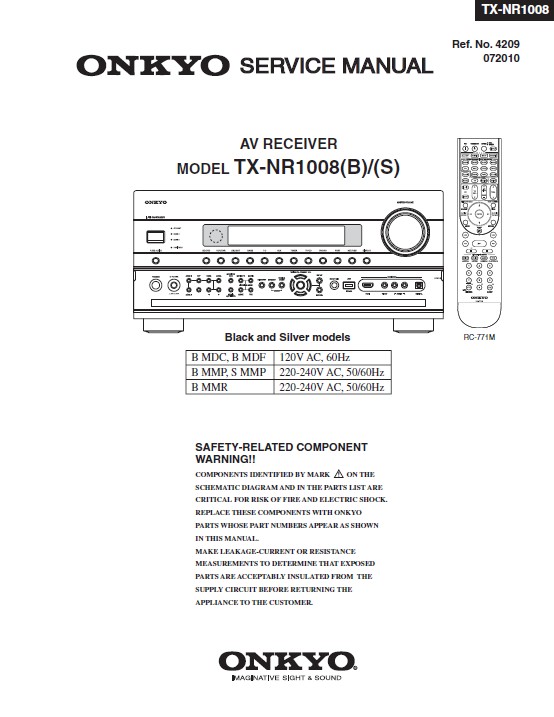 Onkyo tx nr1008 service manual cover with an image of the device and its remote control, model type and code, manual issue date and service safety precaution notice