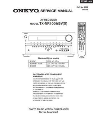 Onkyo tx nr1009 service manual cover with an image of the device and its remote control, model type and code, manual issue date and service safety precaution notice