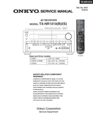 Onkyo tx nr1010 service manual cover with an image of the device and its remote control, model type and code, manual issue date and service safety precaution notice