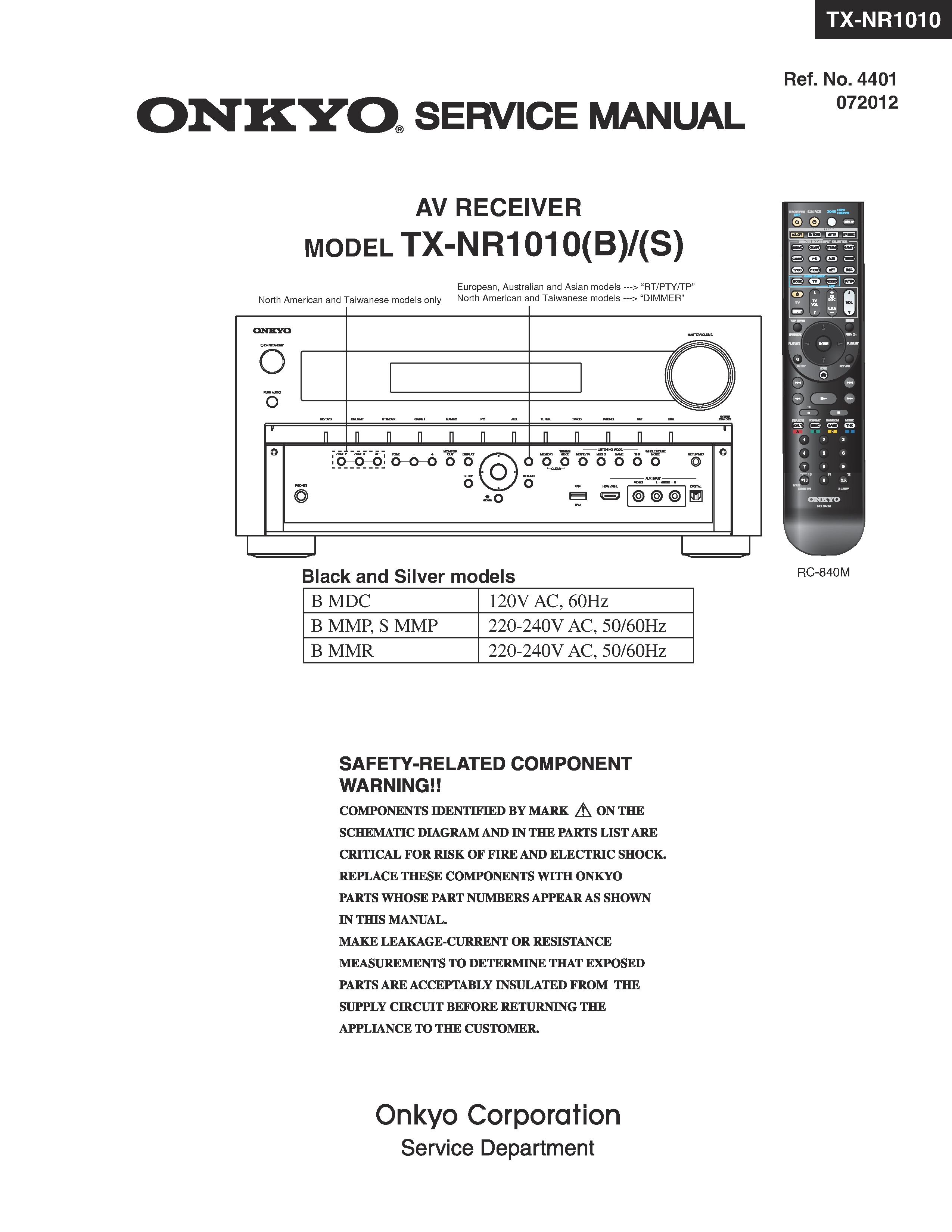 Onkyo tx nr1010 service manual cover with an image of the device and its remote control, model type and code, manual issue date and service safety precaution notice