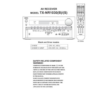 Onkyo tx nr1030 service manual cover with an image of the device and its remote control, model type and code, manual issue date and service safety precaution notice