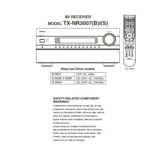 Onkyo tx nr3007 service manual cover with an image of the device and its remote control, model type and code, manual issue date and service safety precaution notice