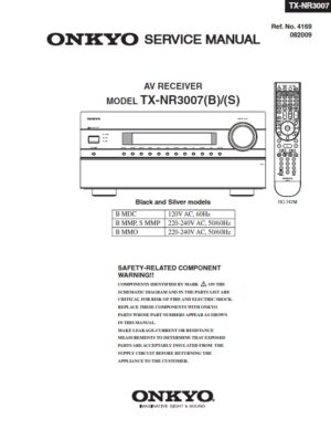 Onkyo tx nr3007 service manual cover with an image of the device and its remote control, model type and code, manual issue date and service safety precaution notice