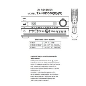 Onkyo tx nr3008 service manual cover with an image of the device and its remote control, model type and code, manual issue date and service safety precaution notice