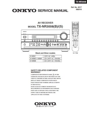 Onkyo tx nr3008 service manual cover with an image of the device and its remote control, model type and code, manual issue date and service safety precaution notice