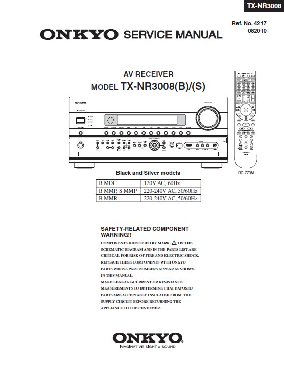 Onkyo tx nr3008 service manual cover with an image of the device and its remote control, model type and code, manual issue date and service safety precaution notice