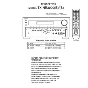 Onkyo tx nr3009 service manual cover with an image of the device and its remote control, model type and code, manual issue date and service safety precaution notice