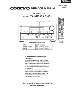 Onkyo tx nr3009 service manual cover with an image of the device and its remote control, model type and code, manual issue date and service safety precaution notice