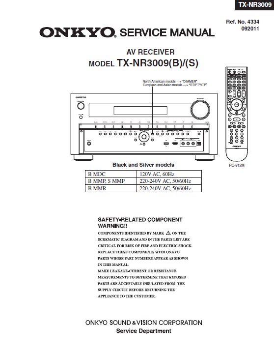Onkyo tx nr3009 service manual cover with an image of the device and its remote control, model type and code, manual issue date and service safety precaution notice