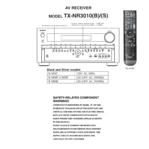Onkyo tx nr3010 service manual cover with an image of the device and its remote control, model type and code, manual issue date and service safety precaution notice