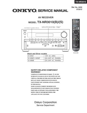 Onkyo tx nr3010 service manual cover with an image of the device and its remote control, model type and code, manual issue date and service safety precaution notice