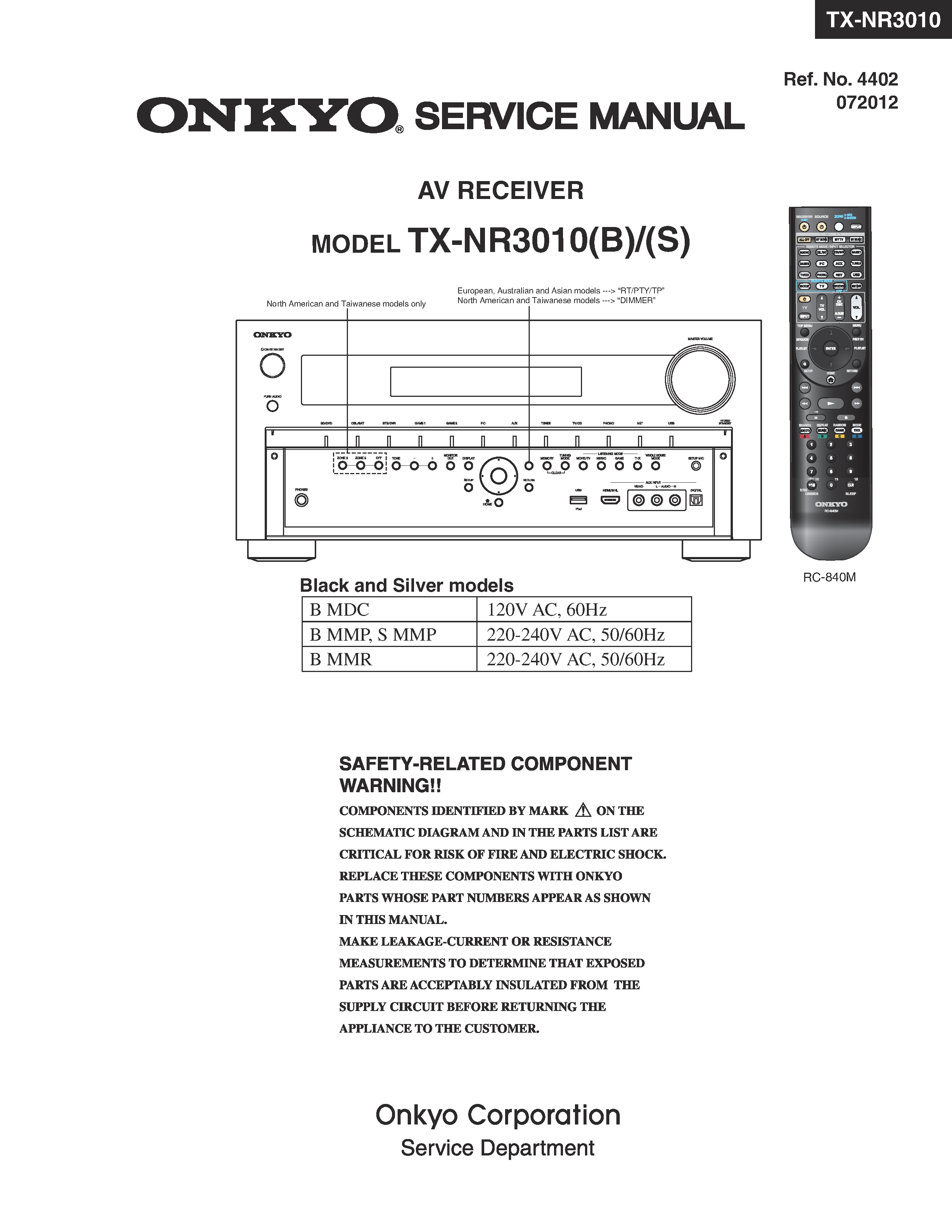 Onkyo tx nr3010 service manual cover with an image of the device and its remote control, model type and code, manual issue date and service safety precaution notice