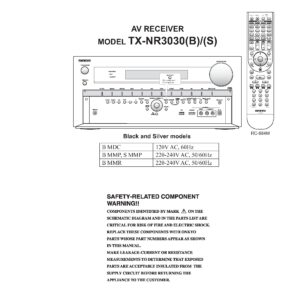 Onkyo tx nr3030 service manual cover with an image of the device and its remote control, model type and code, manual issue date and service safety precaution notice