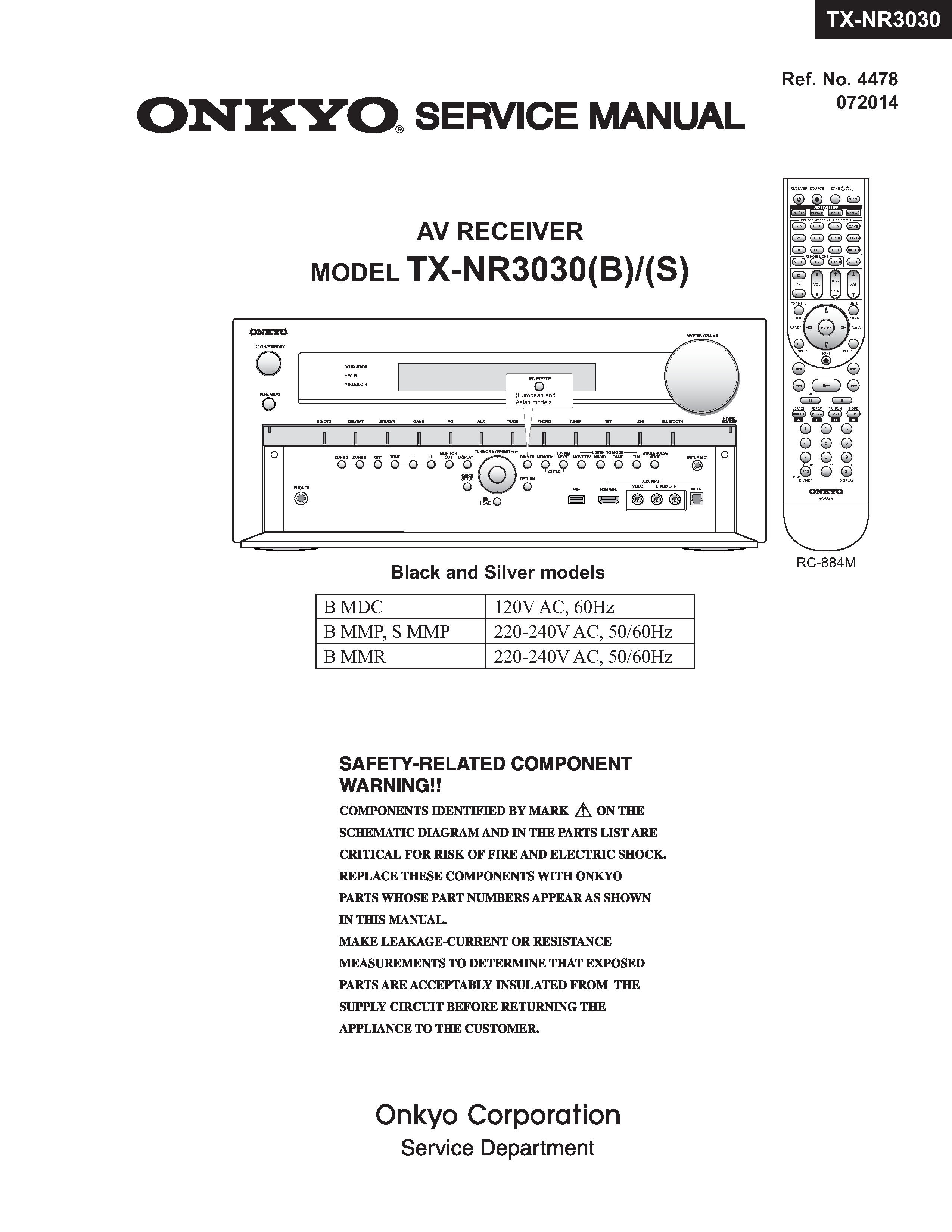 Onkyo tx nr3030 service manual cover with an image of the device and its remote control, model type and code, manual issue date and service safety precaution notice
