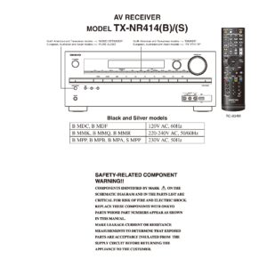 Onkyo tx nr414 service manual cover with an image of the device and its remote control, model type and code, manual issue date and service safety precaution notice