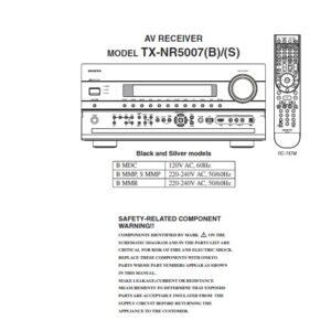 Onkyo tx nr5007 service manual cover with an image of the device and its remote control, model type and code, manual issue date and service safety precaution notice