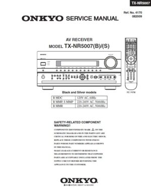Onkyo tx nr5007 service manual cover with an image of the device and its remote control, model type and code, manual issue date and service safety precaution notice