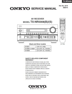Onkyo tx nr5008 service manual cover with an image of the device and its remote control, model type and code, manual issue date and service safety precaution notice