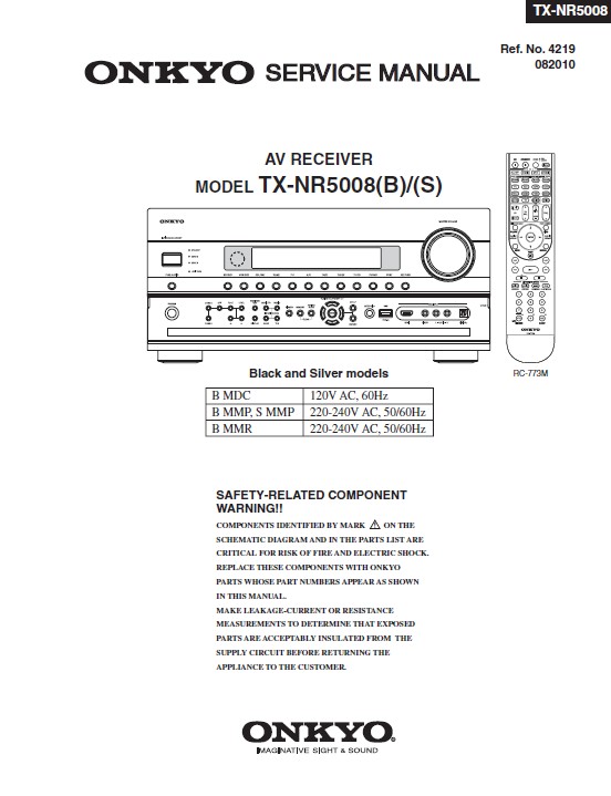 Onkyo tx nr5008 service manual cover with an image of the device and its remote control, model type and code, manual issue date and service safety precaution notice