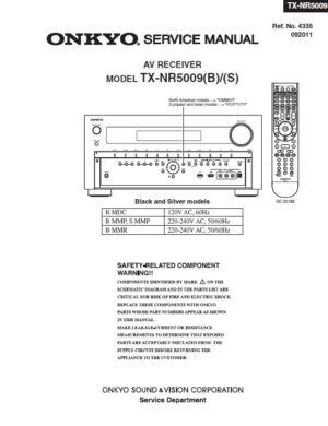 Onkyo tx nr5009 service manual cover with an image of the device and its remote control, model type and code, manual issue date and service safety precaution notice