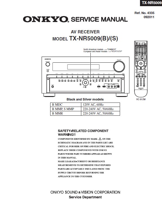 Onkyo tx nr5009 service manual cover with an image of the device and its remote control, model type and code, manual issue date and service safety precaution notice