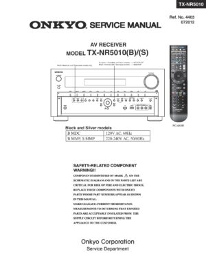 Onkyo tx nr5010 service manual cover with an image of the device and its remote control, model type and code, manual issue date and service safety precaution notice