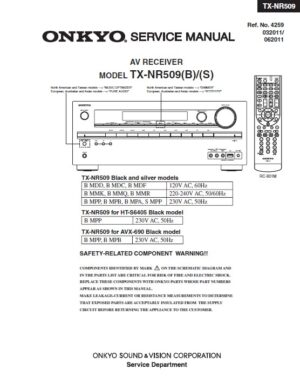 Onkyo tx nr509 service manual cover with an image of the device and its remote control, model type and code, manual issue date and service safety precaution notice