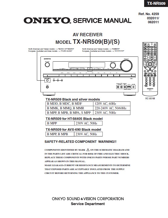 Onkyo tx nr509 service manual cover with an image of the device and its remote control, model type and code, manual issue date and service safety precaution notice