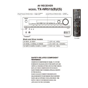 Onkyo tx nr515 service manual cover with an image of the device and its remote control, model type and code, manual issue date and service safety precaution notice