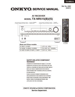 Onkyo tx nr515 service manual cover with an image of the device and its remote control, model type and code, manual issue date and service safety precaution notice