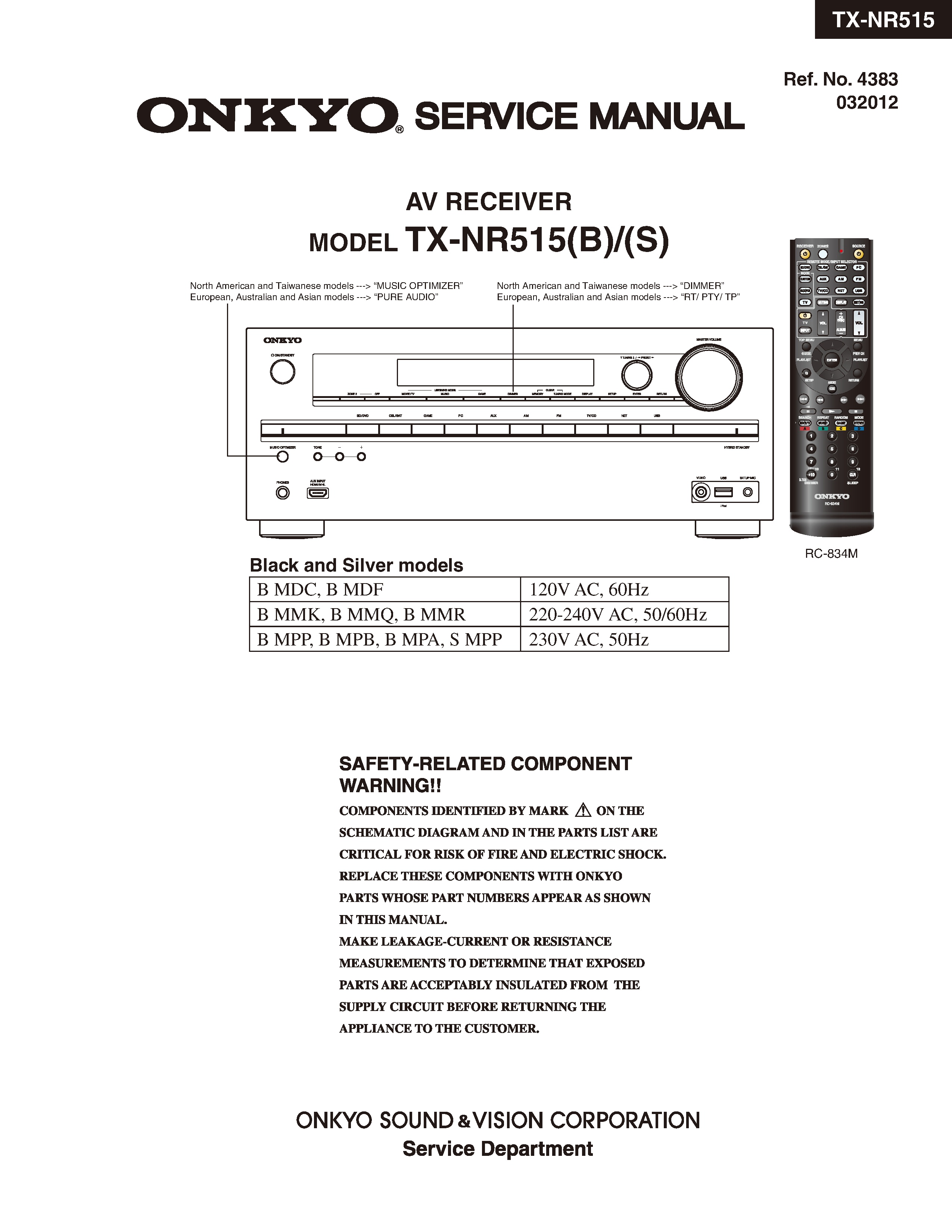Onkyo tx nr515 service manual cover with an image of the device and its remote control, model type and code, manual issue date and service safety precaution notice