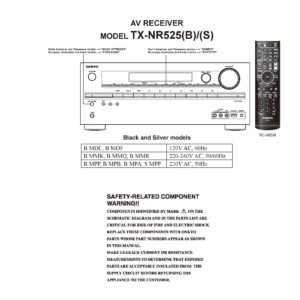 Onkyo tx nr525 service manual cover with an image of the device and its remote control, model type and code, manual issue date and service safety precaution notice