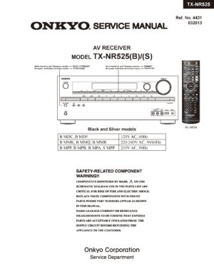 Onkyo tx nr525 service manual cover with an image of the device and its remote control, model type and code, manual issue date and service safety precaution notice