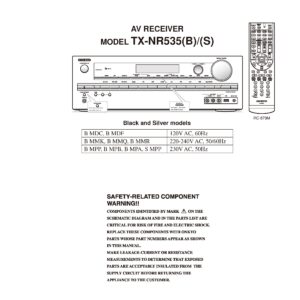 Onkyo tx nr535 service manual cover with an image of the device and its remote control, model type and code, manual issue date and service safety precaution notice