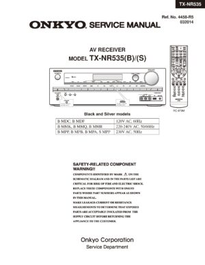 Onkyo tx nr535 service manual cover with an image of the device and its remote control, model type and code, manual issue date and service safety precaution notice