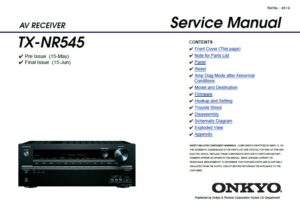Onkyo tx nr545 service manual cover with an image of the device and its remote control, model type and code, manual issue date and service safety precaution notice