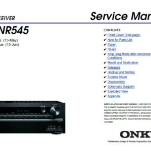 Onkyo tx nr545 service manual cover with an image of the device and its remote control, model type and code, manual issue date and service safety precaution notice