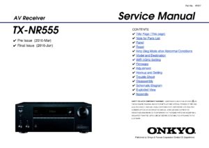 Onkyo tx nr555 service manual cover with an image of the device and its remote control, model type and code, manual issue date and service safety precaution notice