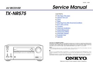 Onkyo tx nr575 service manual cover with an image of the device and its remote control, model type and code, manual issue date and service safety precaution notice